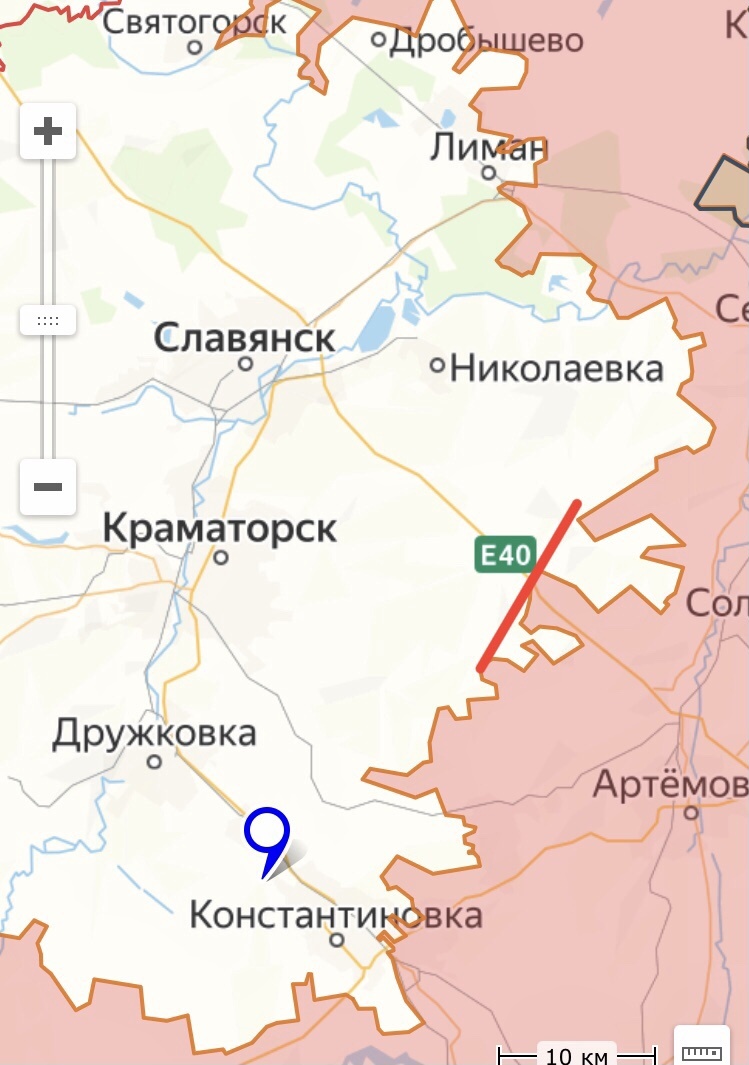 Красная линия - рубеж выхода наших в охват по низине главного района обороны противника на обширной возвышенности перед Николаевой и Славянском.