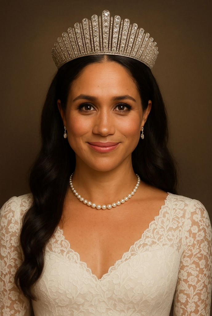 Меган Маркл в свадебном платье Кейт Мидллтон и в знаменитй тиаре "Русский кокошник" (которую она никогда не носила). 