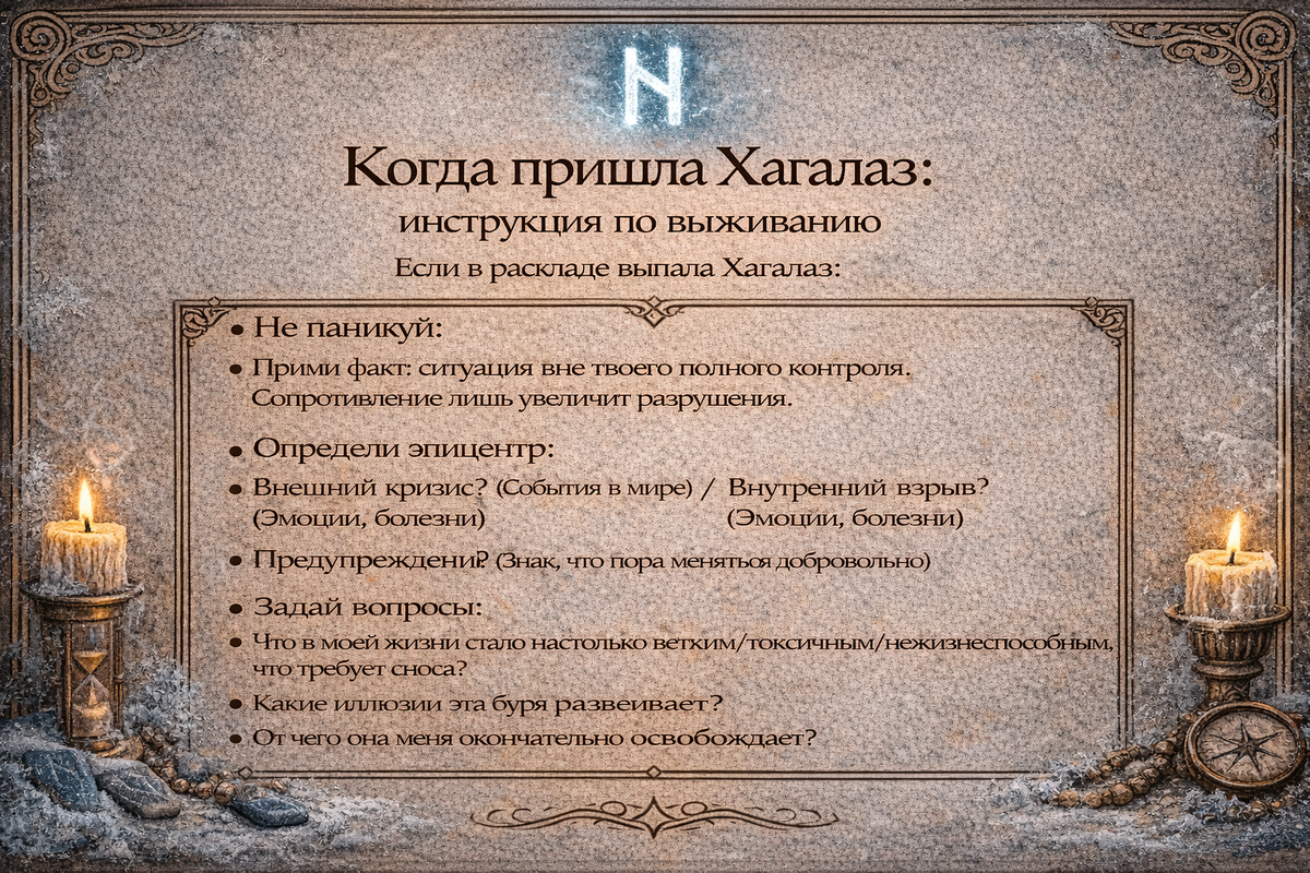 толкование руны хагалаз в раскладе - чек-лист для прохождения стихийного разрушения и очищения.  📷
