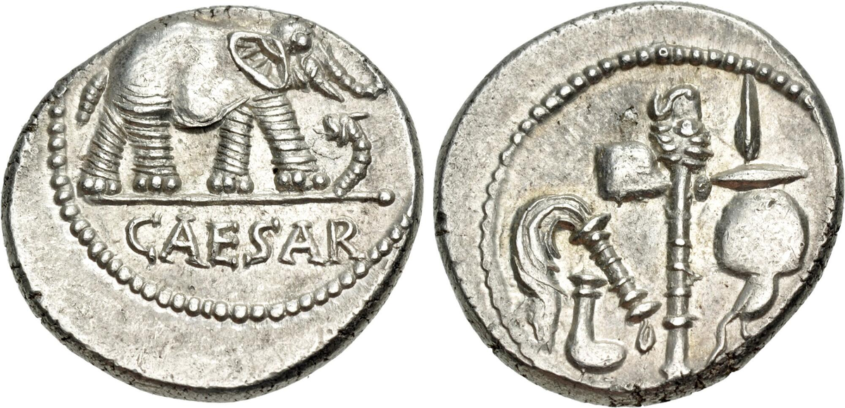 Монета Юлия Цезаря со слоном