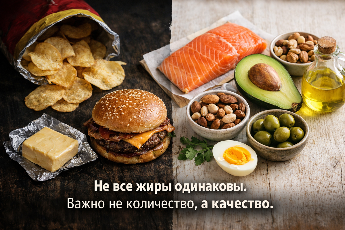 Слева — трансжиры и избыток насыщенных, которые провоцируют воспаления. Справа — полезные ненасыщенные жиры, которые строят здоровье.