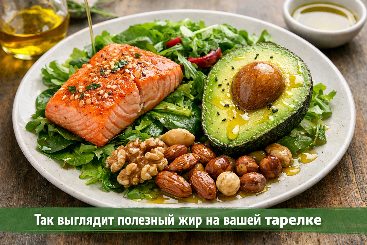 Сочетание белка (рыба), клетчатки (салат) и полезных жиров (авокадо, орехи, масло) — формула сытости, здоровья и прогресса.