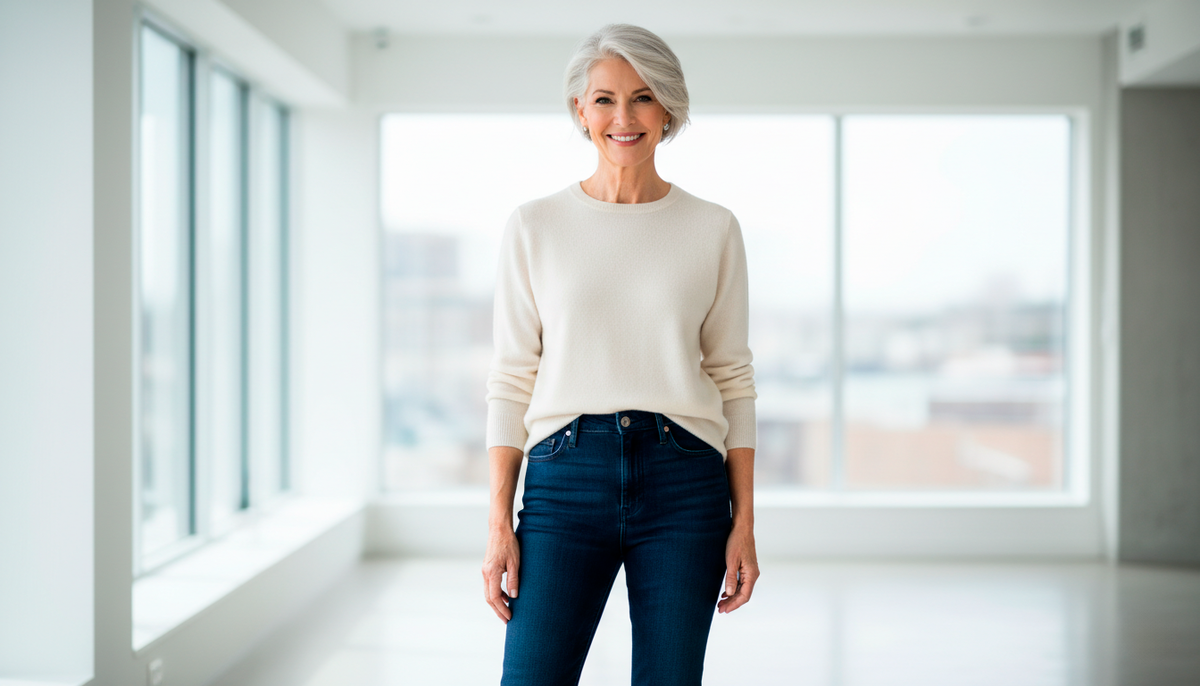 Женщина выглядит ухоженно, современно, в джинсах - но при этом элегантно.