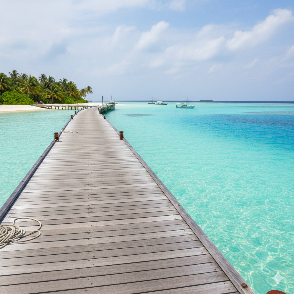 Типичный пейзаж на Мальдивах 2026: здесь нет водных вилл, но цвет воды абсолютно идентичен резортам за $1000/ночь
