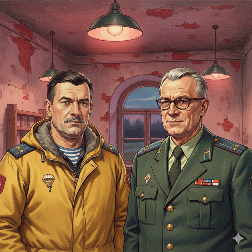 Офицеры стояли в комнате с красными стенами. Эта комната напоминала замаскированный командный пункт противника, как в том фильме: "В зоне особого внимания". Неужели вся жизнь этих офицеров направлена только на одну цель, - найти и уничтожить замаскированный командный пункт противника, противника, найти и уничтожить... Картинка ии создана автором по описанию.