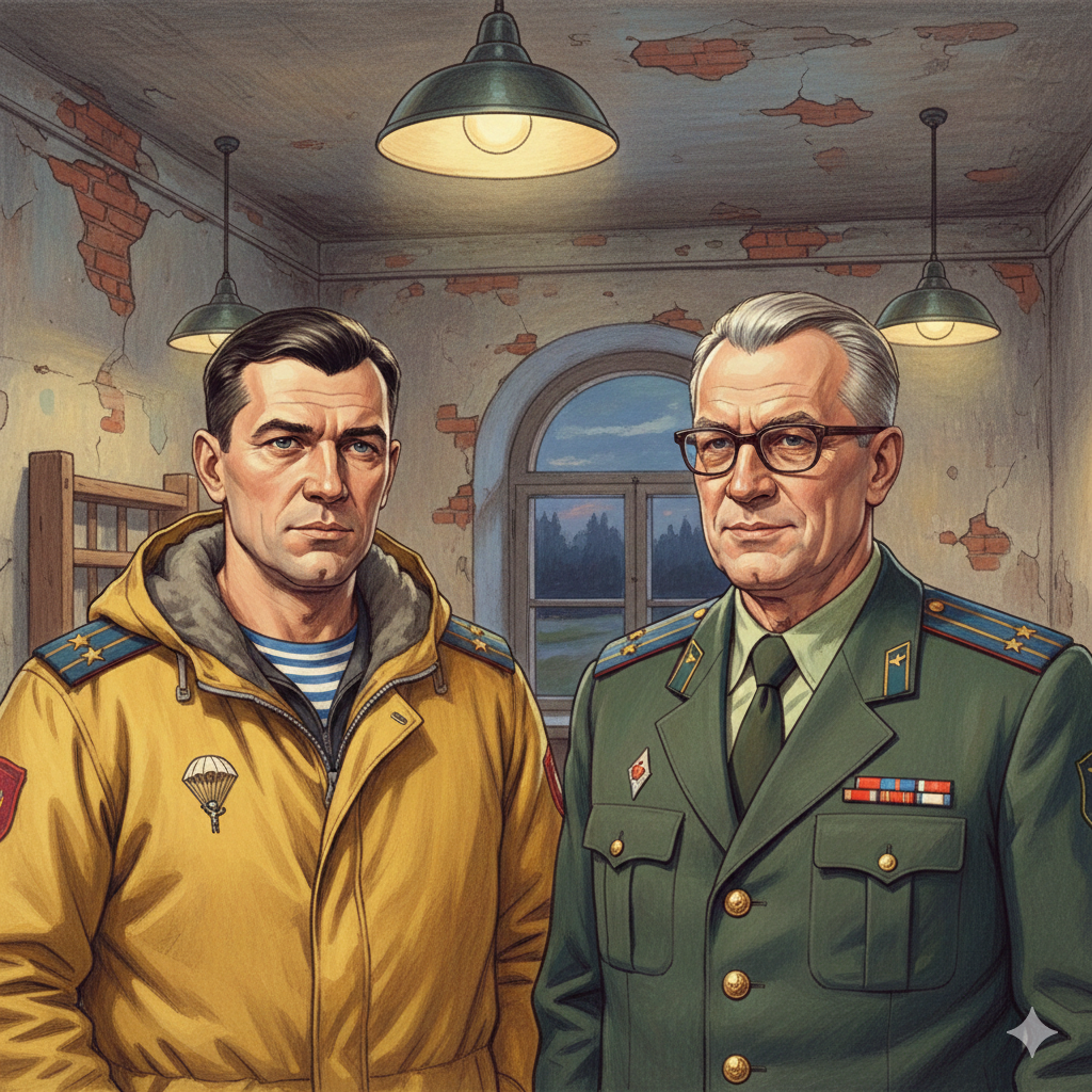 Сын и отец, оба офицеры - десантники. Отец провожает сына в Афганистан. Через несколько дней вылет в Фергану, передышка, получение направления и потом сразу за речку. Так надо сынок, ведь ты комбат учебного батальона. Пока безусый, но уже комбат. А усы отпустишь, когда вернёшься из командировки длиной в два года, а может и четыре года. А если я погибну отец, что тогда. Тогда это просто судьба или ты расслабился и получил пулю, не спи и солдатам своим не вели спать. Смотрите в оба. Картинка ии, создана автором рассказа по описанию.