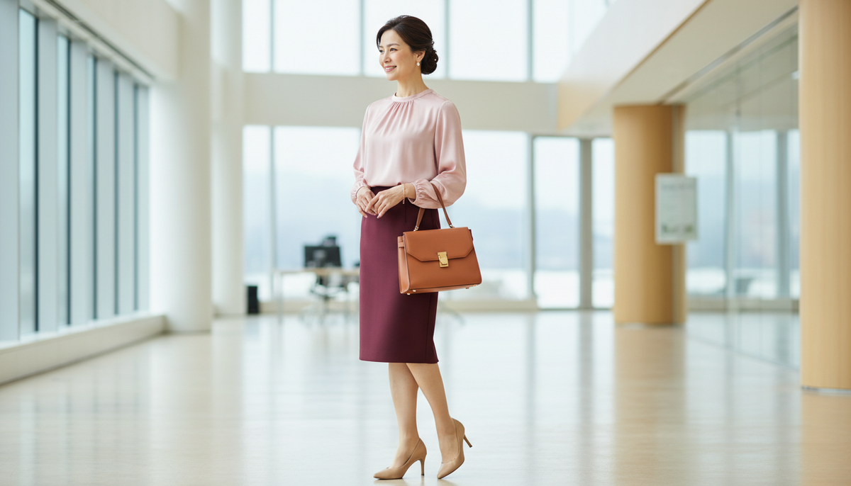 Пудрово-розовая блуза и бордовая юбка-миди — элегантная романтика для офиса