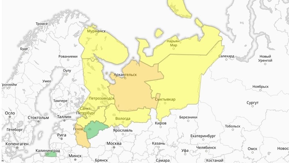    Прогностическая карта предупреждений для СЗФО Автор фото: meteoinfo.ru