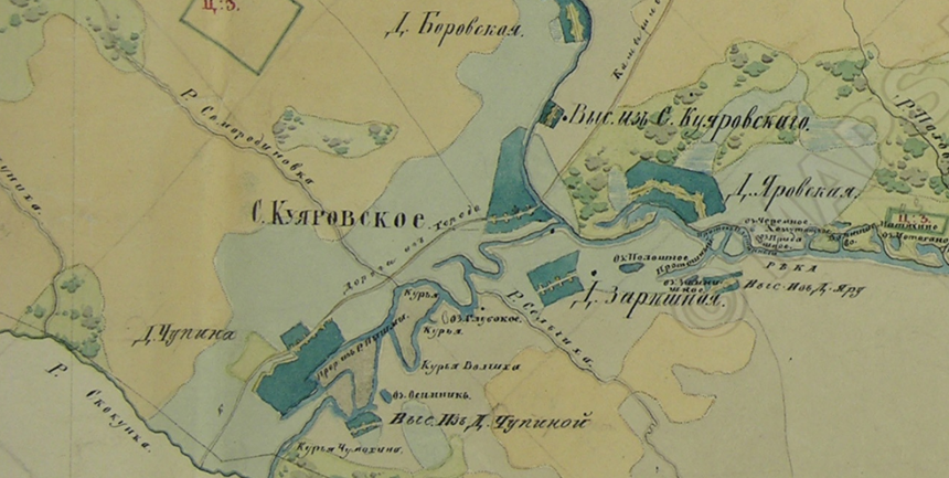 Фрагмент Плана Генерального Межевания Екатерины II.
Екатерининские планы генерального межевания (с 1765 г.) — рукописные карты XVIII–XIX вв., устанавливающие границы владений по указу Екатерины II под девизом «Каждый при своемъ». Они охватывали почти все наместничества, фиксируя границы уездов, дач и участков. Большинство оригиналов хранится в РГАДА (Москва).