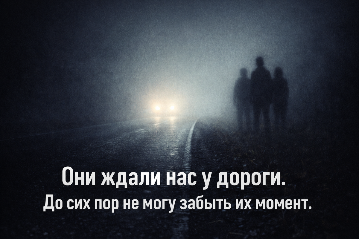 Тёмная дорога в густом тумане. У обочины видны три загадочные силуэты. Мистическая и тревожная атмосфера.