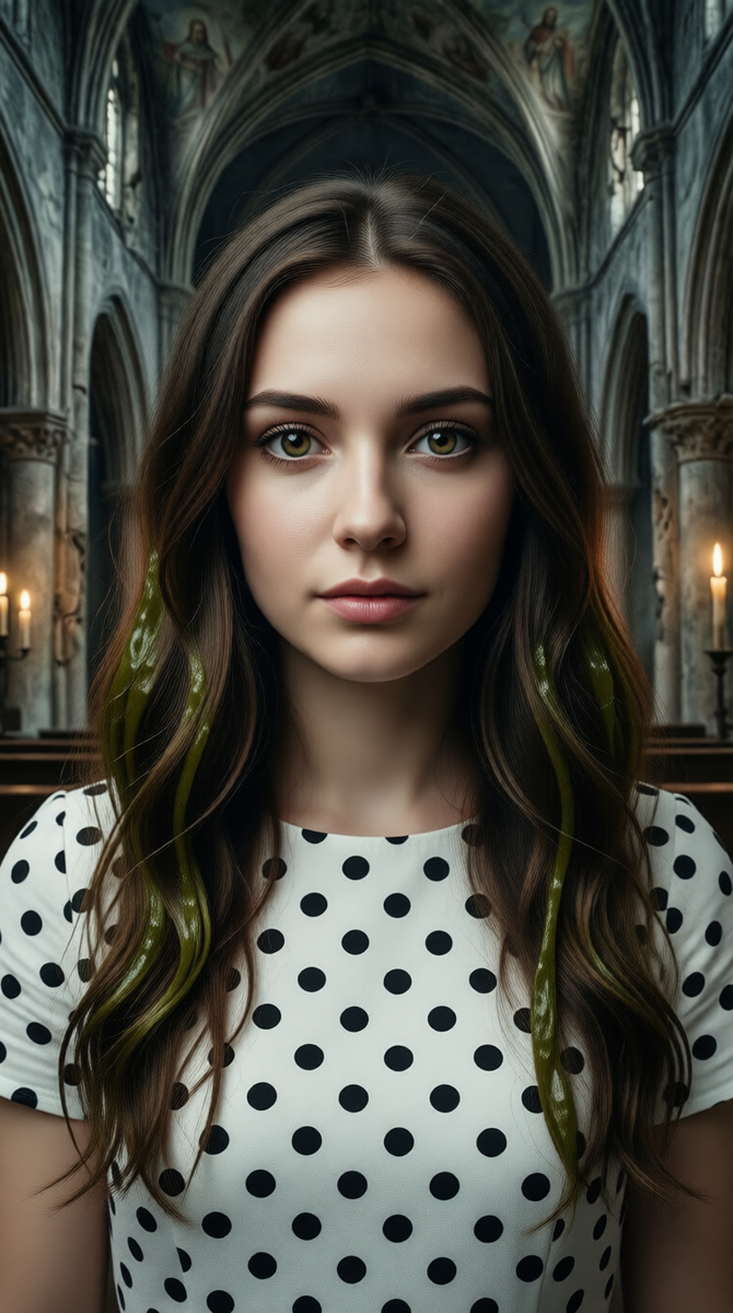 «На мгновение старуха обернулась молодой девушкой с большими красивыми глазами, облачённой в белое платье в горошек». 