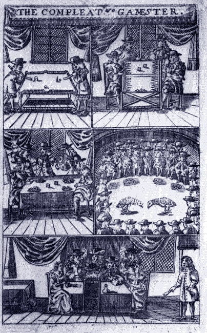 The Compleat Gamester: or Instructions - How to play at Billiards, Trucks, Bowls and Chess - together with all manner of usual and most Gentile Games either on Cards or Dice - to which is added the Arts and Mysteries of Riding, Racing, Archery and Cock-Fighting. Cotton Charles, London, 1674.