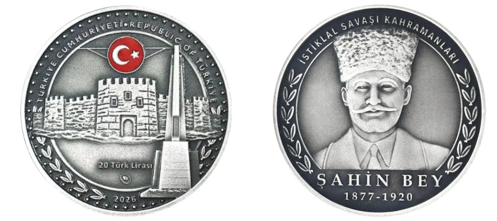    Серебряная монета Турции 20 лир 2026 Шахин-бей герой Войны за независимость замок Газиантеп