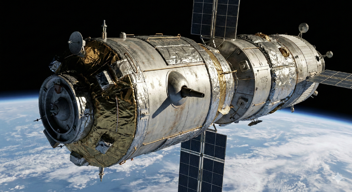 Иллюстрация секретной советской космической станции "Алмаз" (салют), оснащенной системой обороны "Щит-1", на фоне Земли.