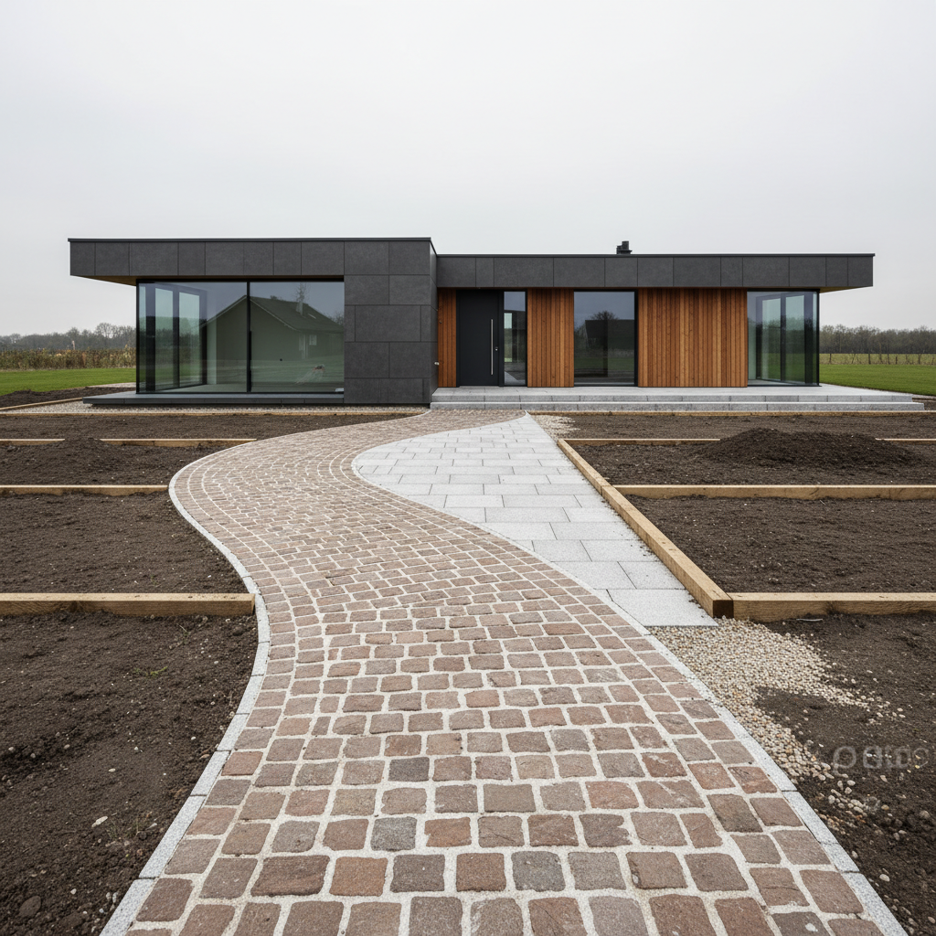 Качественное мощение само по себе, но визуально не связанное с архитектурой дома.