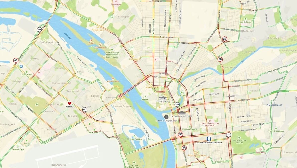    Практически все центральные улицы Омска оказались «забиты» машинами   Сервис онлайн-карт 2ГИС / 2gis.ru