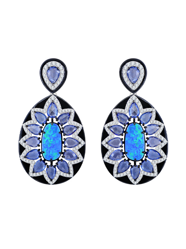 Серьги Sutra Jewels из черненого белого золота с бриллиантами, черной керамикой, опалами и сапфирами