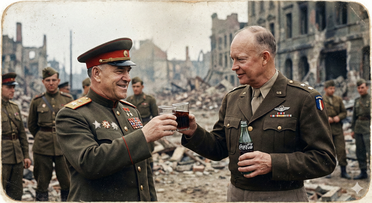 Историческое фото встречи Георгия Жукова и Дуайта Эйзенхауэра в 1945 году, где они впервые пробуют Coca-Cola.