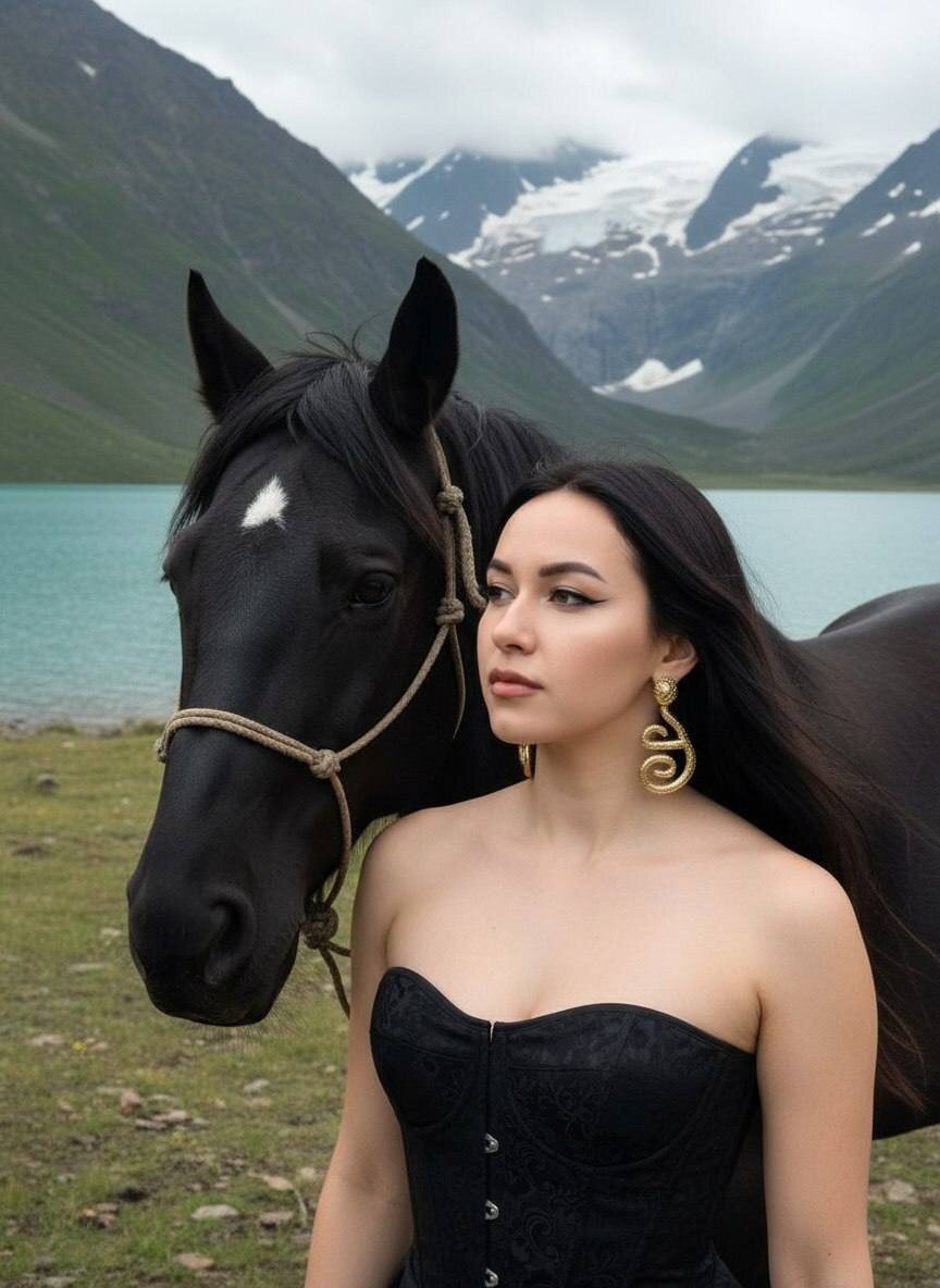 Девушка стоит с черной лошадью у бирюзового высокогорного озера в горах — www.promtyi.com