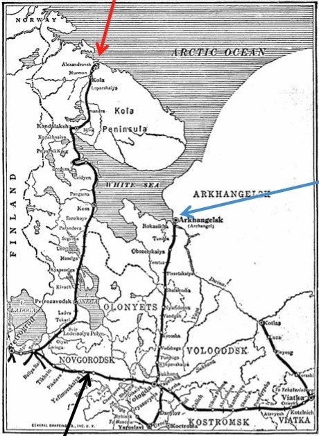 Показаны Мурманск (красная стрелка): крошечный и слаборазвитый порт, свободный ото льда зимой. Архангельск (синяя стрелка): гораздо более развитый порт, но зимой покрытый льдом.
Транссибирская магистраль. Железная дорога, соединяющая Мурманск с Транссибирской магистралью и Петроградом. Железная дорога, соединяющая Архангельск с Транссибирской магистралью в Вологде.