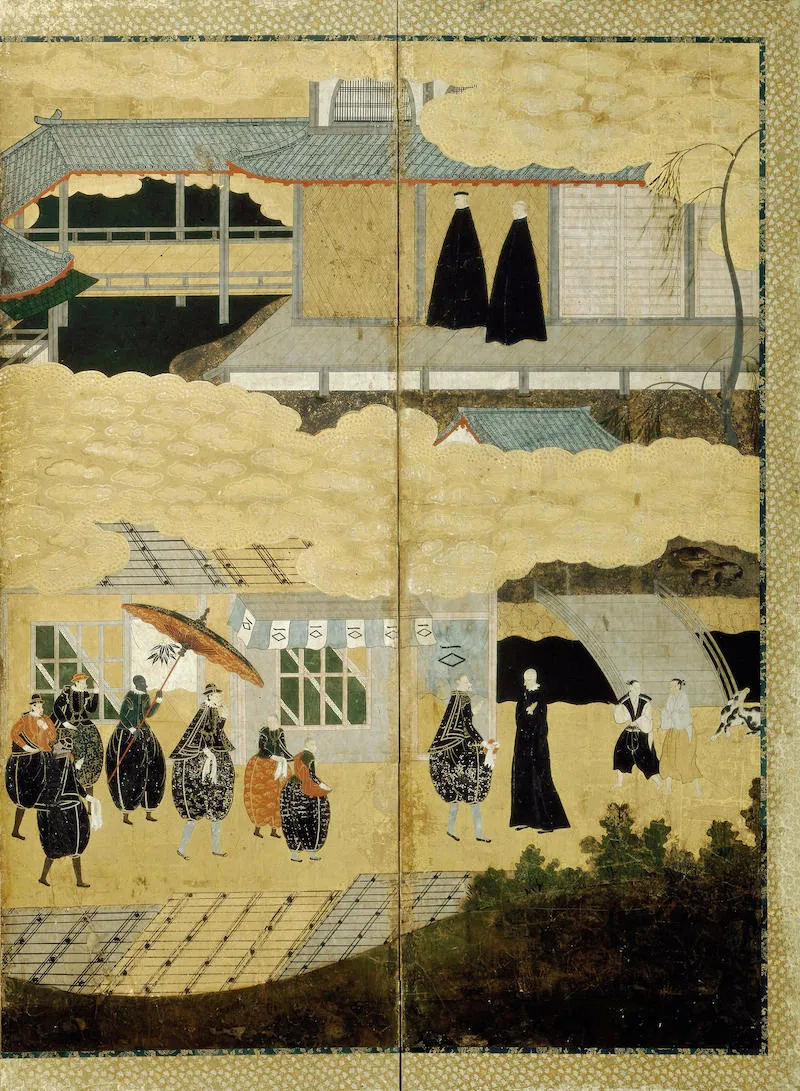 Прибытие христианского миссионера Фрэнсиса Ксаверия в Японию. Японская расписная ширма, 16 век. CPA Media Pte Ltd/ Фотография со стока Alamy.