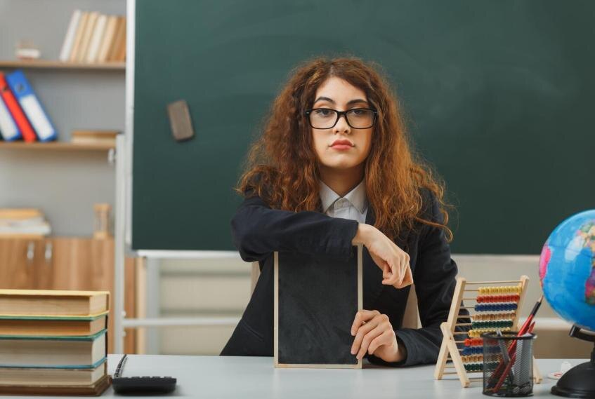 https://ru.freepik.com/free-photo/confident-young-female-teacher-wearing-glasses-holding-mini-chalkboard-sitting-desk-with-school-tools-classroom_28425602.htm