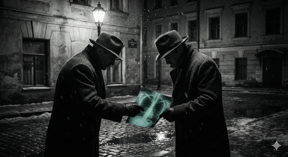 Атмосферное фото в стиле нуар, изображающее тайную сделку по продаже пластинки «на костях» в советском переулке 1950-х годов. Рентгеновский снимок с ребрами виден в руках.