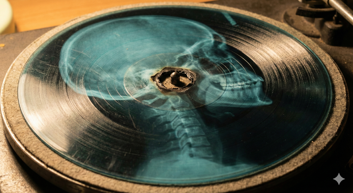 Макросъемка гибкой пластинки, сделанной из рентгеновского снимка черепа, проигрываемой на винтажном патефоне. Видны грубые звуковые дорожки и прожженное центральное отверстие.