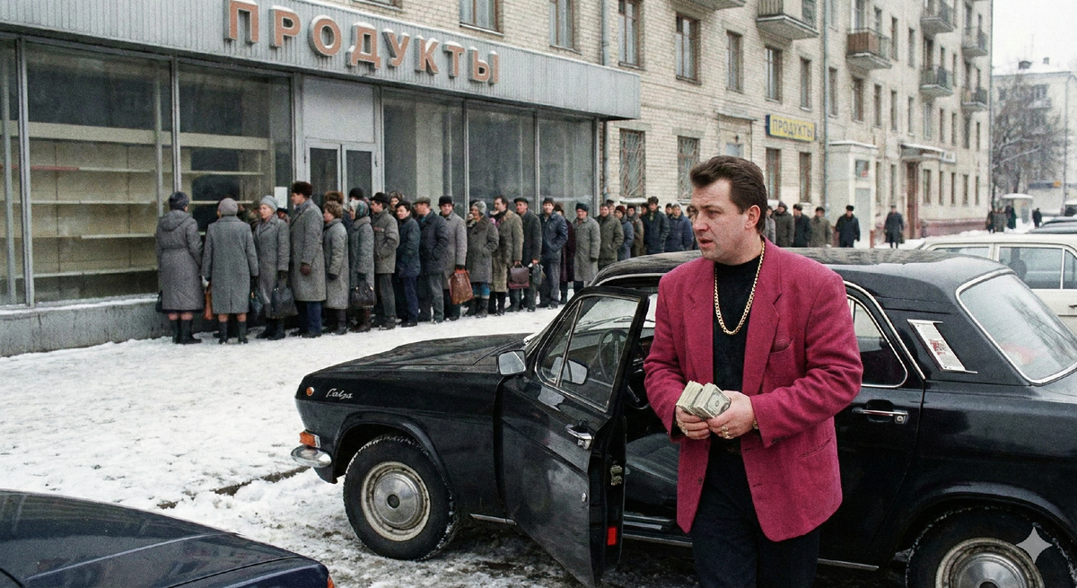 Историческая реконструкция атмосферы 1991 года в СССР, показывающая социальное неравенство и появление первых крупных капиталов на фоне всеобщего дефицита.