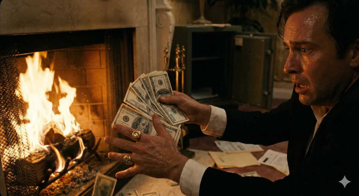 Иллюстрация драматического момента уничтожения валюты в 1991 году из-за страха перед арестом по экономической статье. Крупный план сжигания долларов в огне.