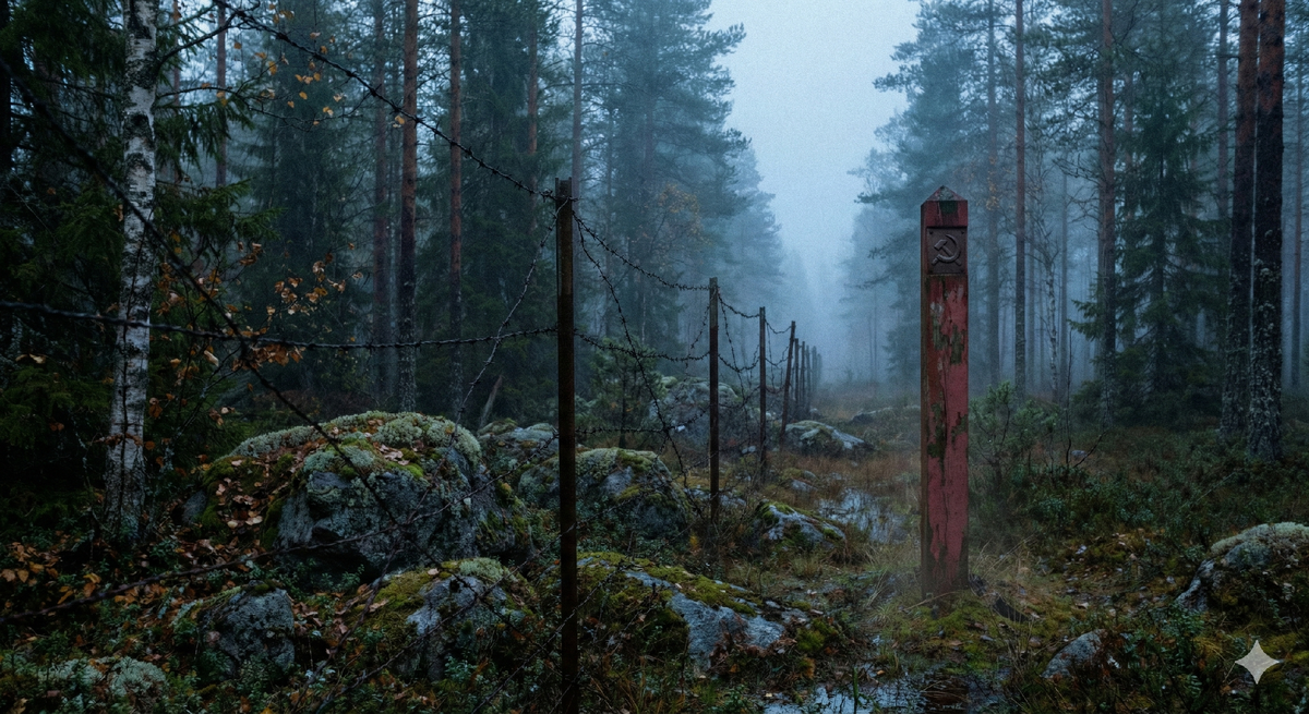 Атмосферное фото заброшенного участка границы между СССР и Финляндией в лесу, передающее напряжение Холодной войны.