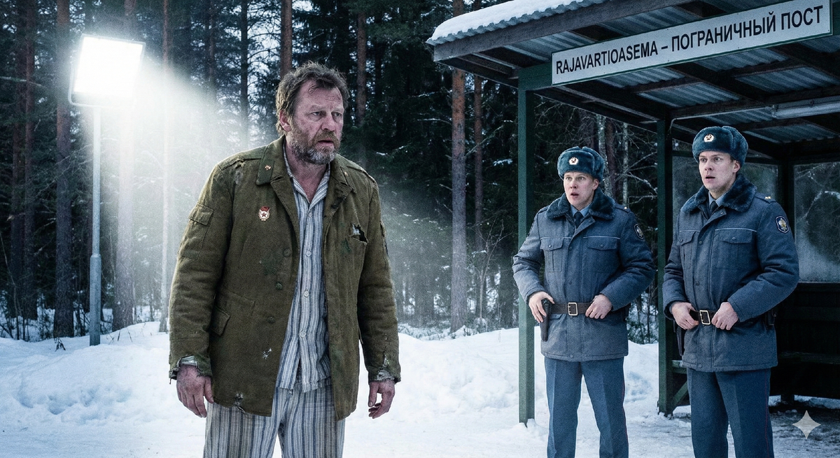 Сцена задержания пьяного перебежчика из СССР на финской границе: контраст между растерянным советским сотрудником и дисциплинированными финскими пограничниками.