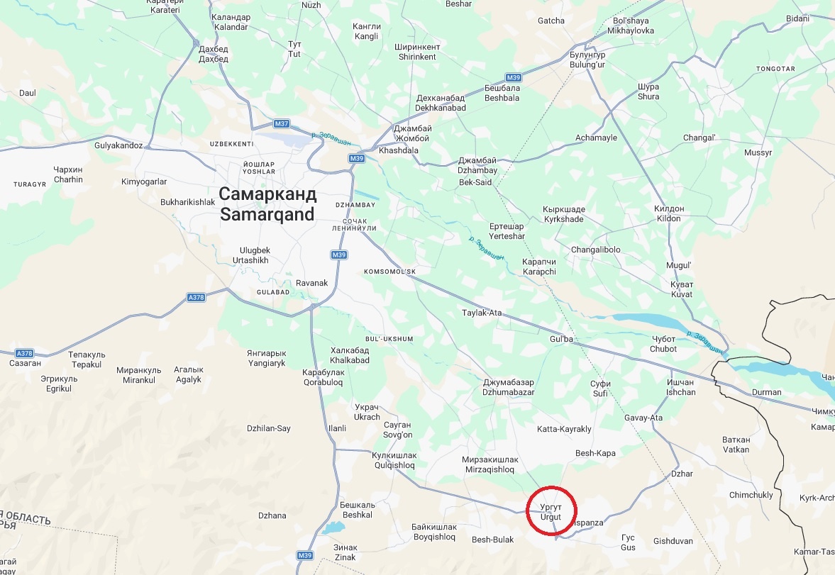 Расположение Ургута относительно Самарканда