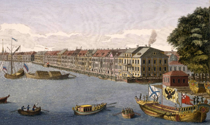 Гравер: Еляков, И.П., рисунок: Махаев М.И. Вид Невы, где Галерная верфь, 1753 г. На изображении можно разглядеть устройство деревянной набережной