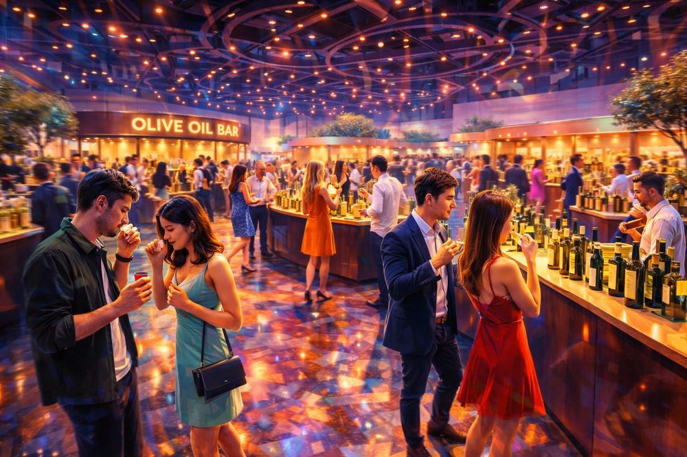 Выставка продуктов питания: молодые посетители пробуют оливковое масло у стендов производителей, в зале с дегустациями и зоной Olive Oil Bar