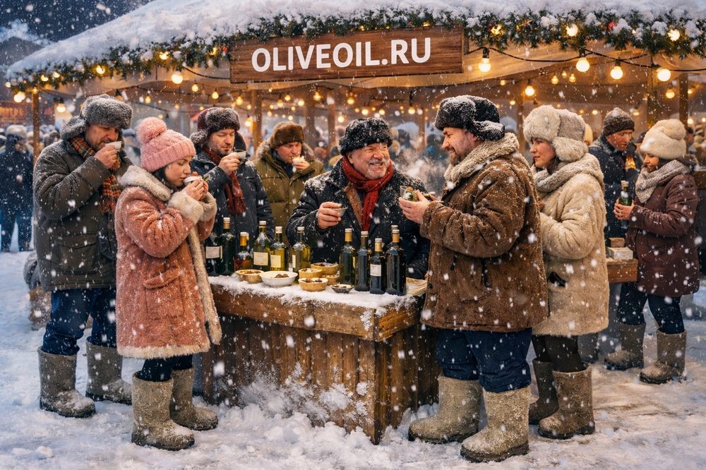 Шуточная сцена дегустации оливкового масла на продовольственной выставке в зимней обстановке: посетители в шапках и валенках пробуют масло у стенда на фоне снега и холода