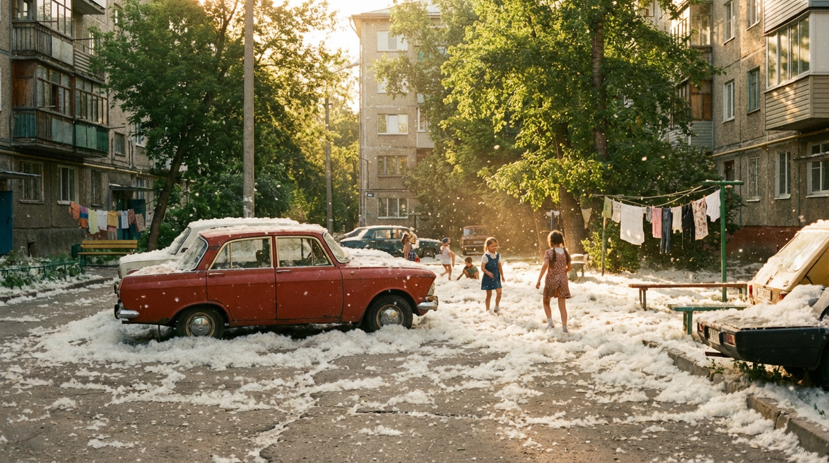 Советский двор, укрытый «летним снегом»