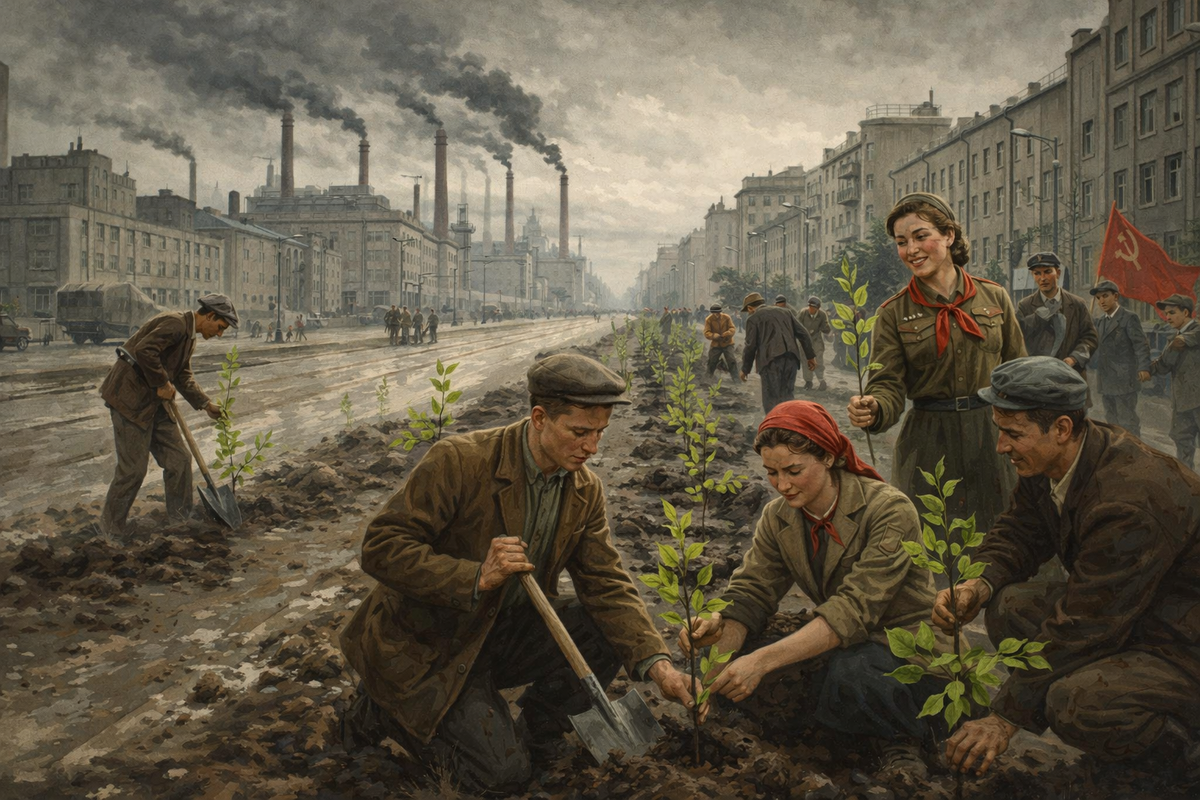Посадка первых аллей на фоне заводских труб