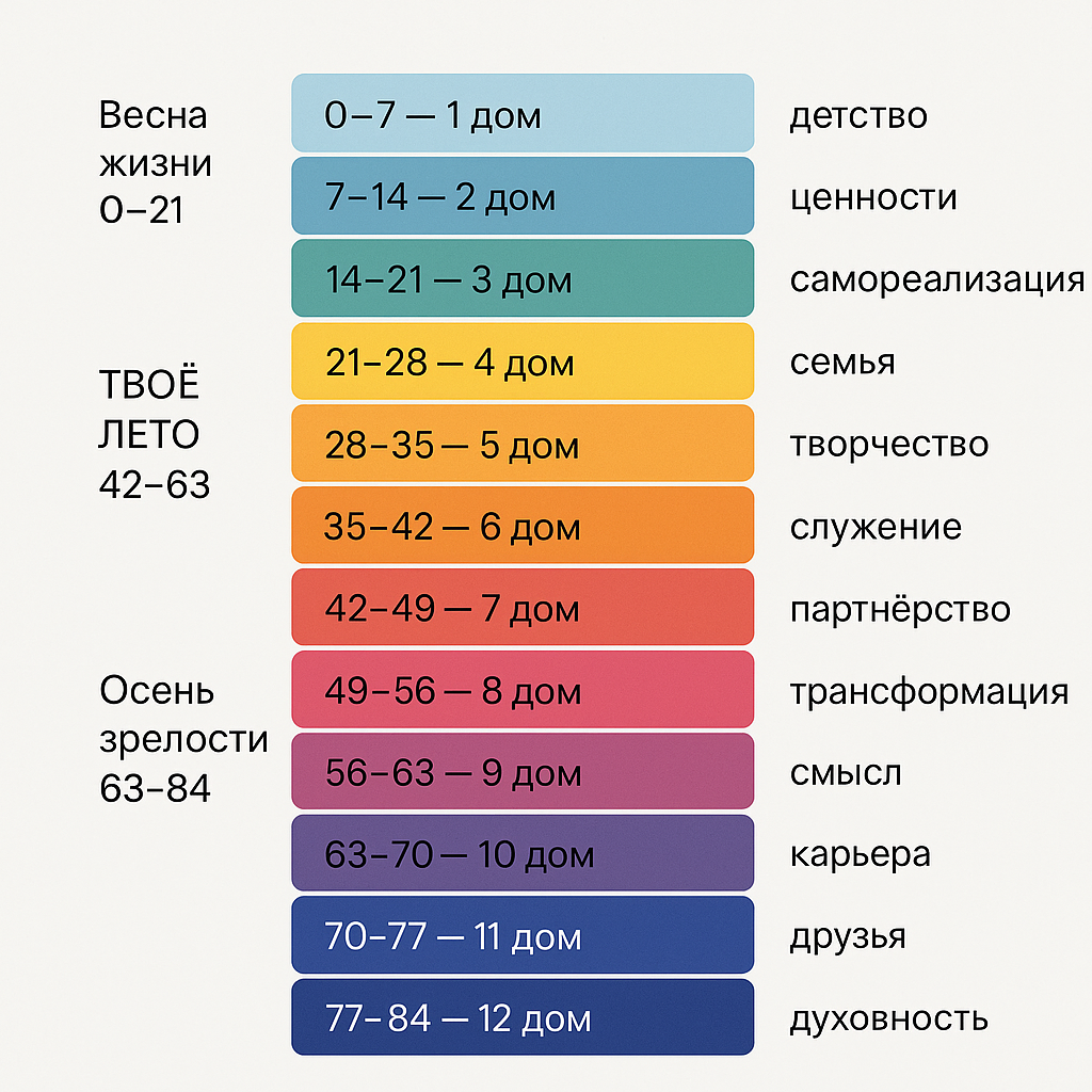 Что показывает эта инфографика
Наверху зафиксирована главная идея: 84 года как полный уранический цикл.
12 цветных сегментов по 7 лет визуализируют схему «12 домов × 7 лет» и помогают быстро увидеть, в каком «доме» сейчас ваш возраст.
Справа от каждого сегмента — по одному ключевому слову (детство, семья, служение, партнёрство, духовность и т. д.), чтобы не перегружать текстом, а дать ассоциацию с задачей периода.
Слева — «времена года» жизни: весна, лето, ТВОЁ ЛЕТО 42–63, осень зрелости. Это подчёркивает идею, что 40–60 — не «конец», а разгар сезона.
Внизу формула «12 домов × 7 лет = 84 года» собирает всё в законченную модель.