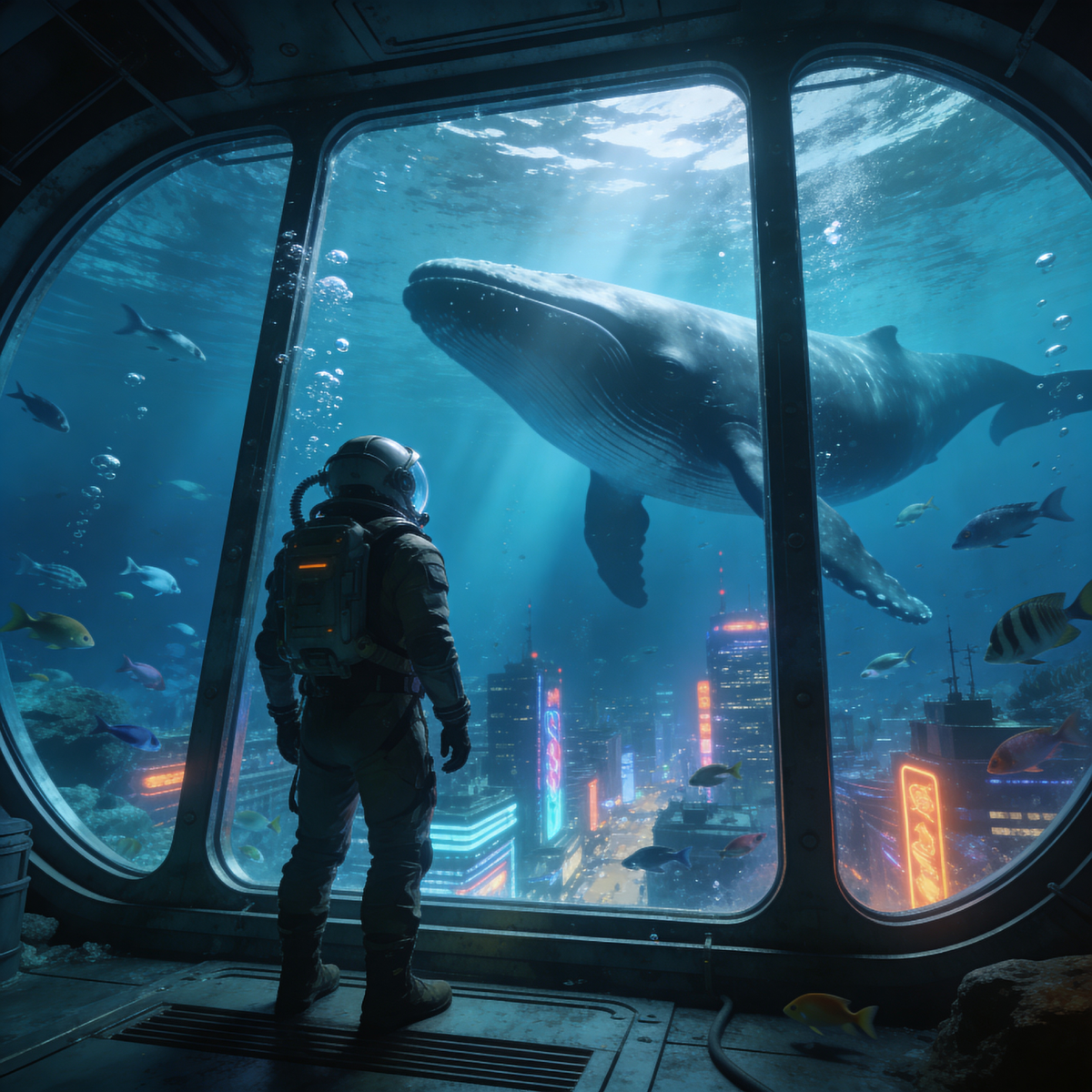 Промпт: Фантастический город под водой, вокруг плывут рыбы. Человек в скафандре смотрит в иллюминатор подводной станции. За окном проплывает гигантский кит. 8K, кинематографический свет, подводные эффекты