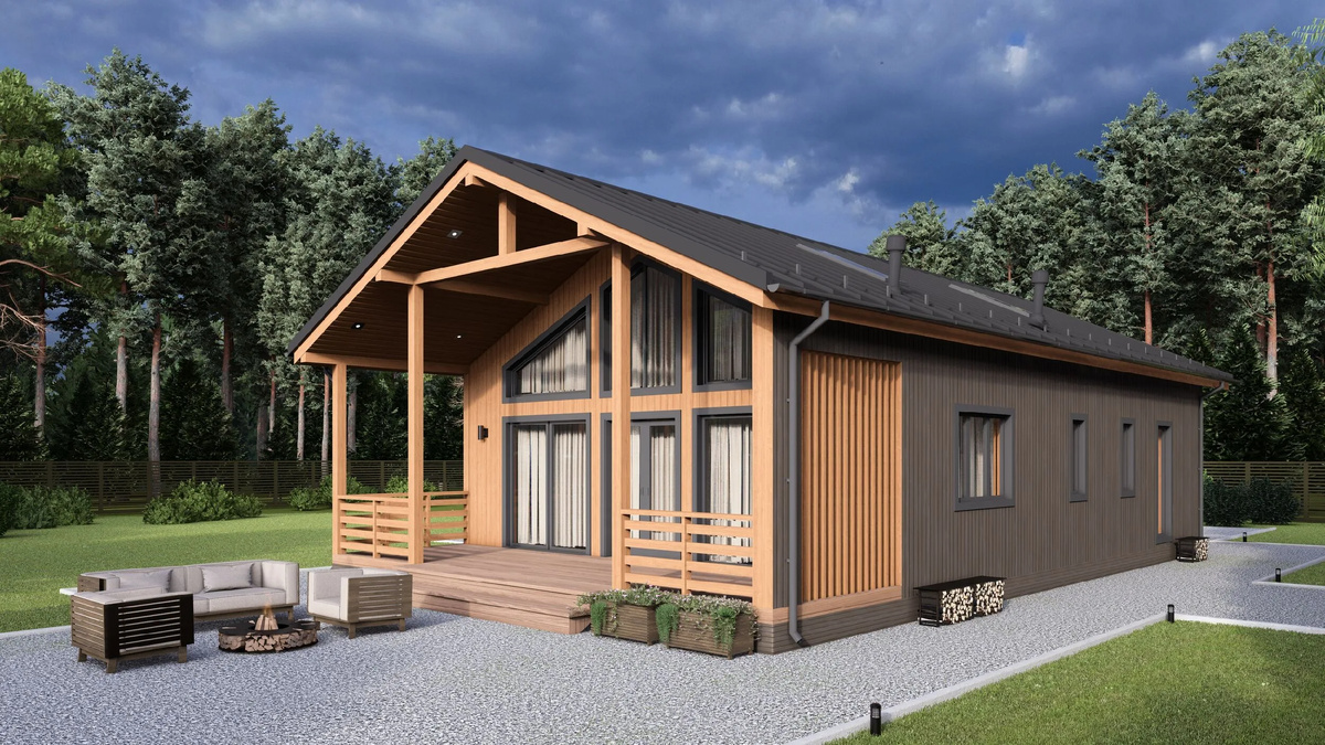 Проект одноэтажного каркасного дома в стиле Барн Б&F-123. 8.5х14.5 м S.Жилая 103.0 кв.м, терраса S 21.2 кв.м 