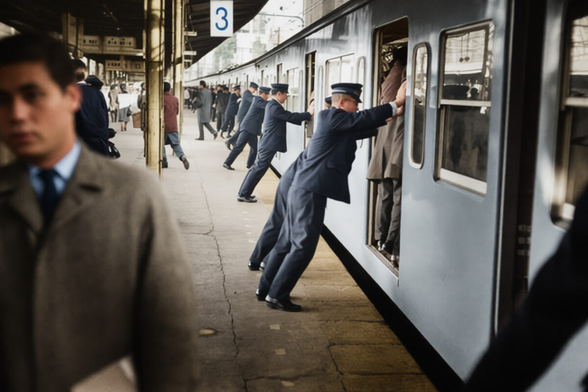 Ошия-трамбовщики пассажиров в японском метро, 1966 год