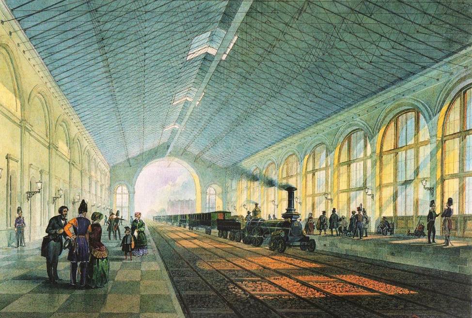 Акварель работы Августа Петцольда. Изображение дебаркадера изнутри Николаевского вокзала в Санкт-Петербурге.