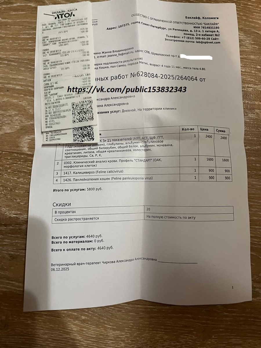 Чек от 06.12.2025 на сумму 4640 руб. за анализы ОАК/БХ/ПАН/Кальцивироз Пантелеймону в клинике