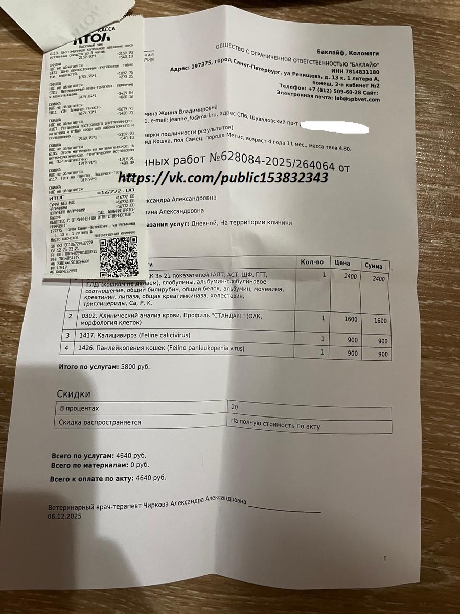 Чек от 06.12.2025 на сумму 16771 руб. за первичную консультацию врача-терапета/постановку катерера/капельницу/УЗИ ОБП/забор материала на гистологию/дача лекарств Пантелеймону в клинике.