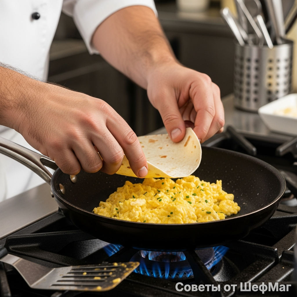 Накрывайте яйца тортильей, пока они еще слегка жидкие сверху - так они «приклеятся» к хлебу.