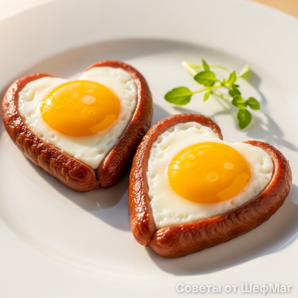 Яркий желток в обрамлении хрустящего борта из сосиски - залог доброго утра.