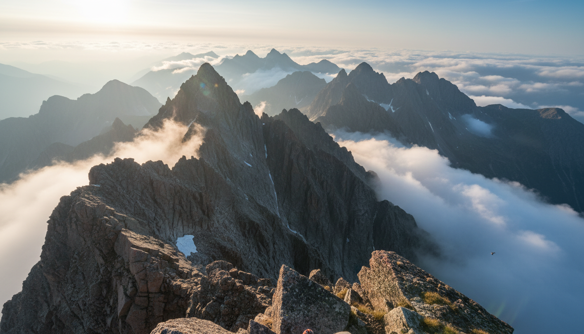 Горный хребет, уходящий в облака, под ногами пропасть.