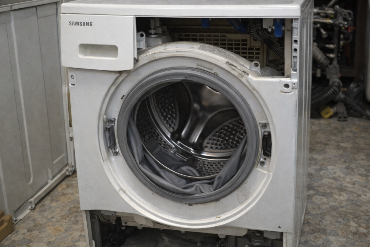 Разборка Samsung: снятая передняя панель и манжета люка убрана внутрь