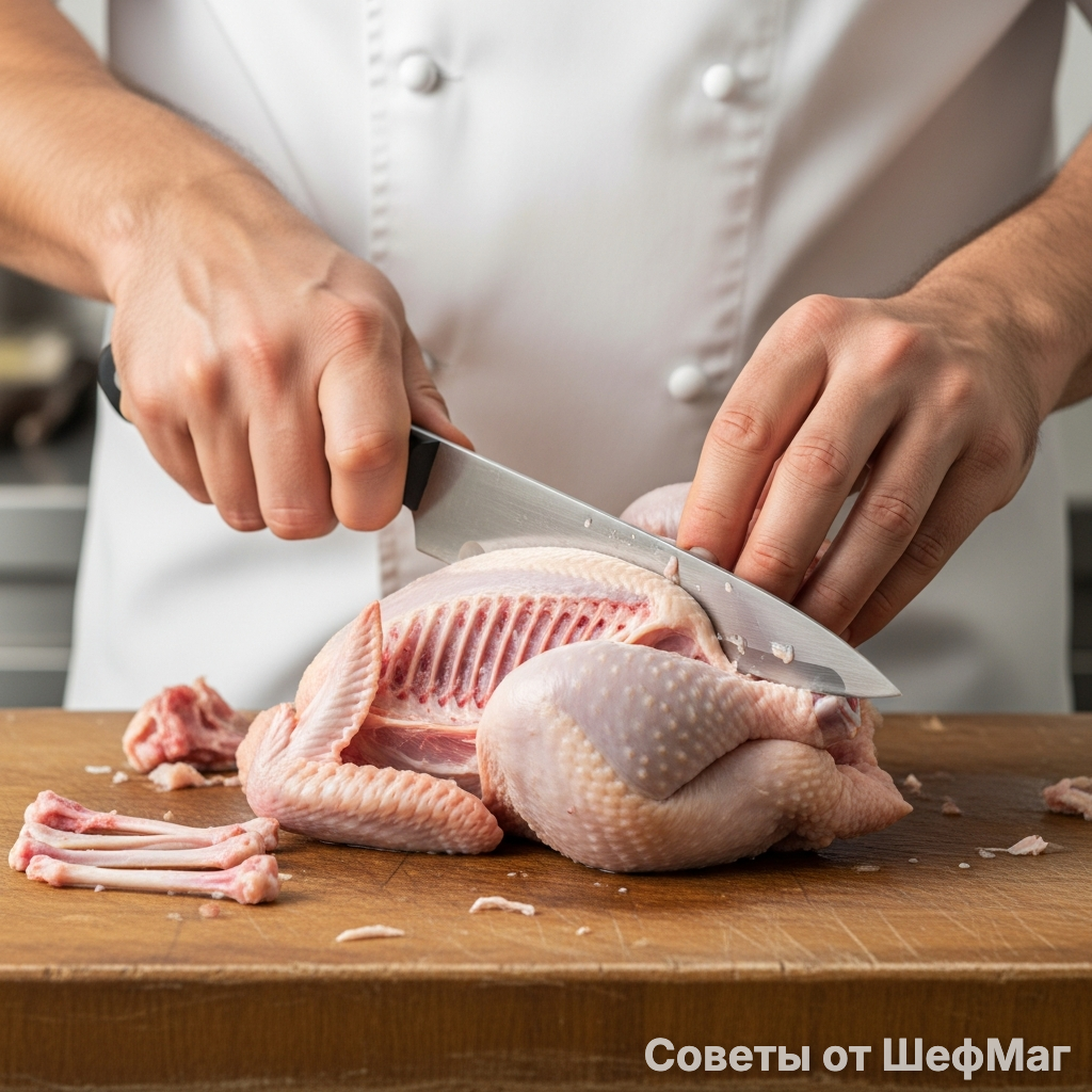 Работайте острым ножом, стараясь не повредить защитную кожу курицы.